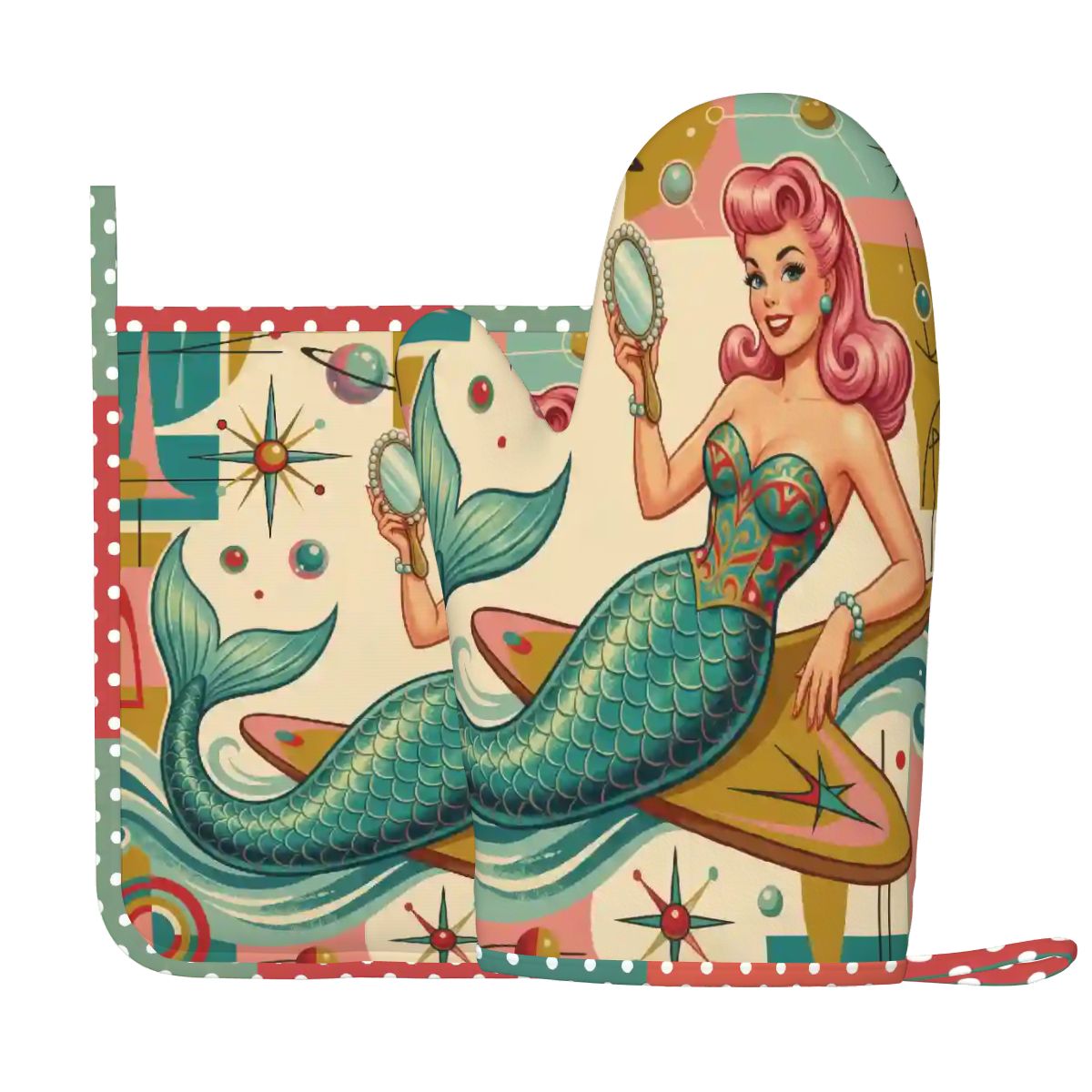 1950s Retro Mermaid Atomic Starburst Oven Mitt Pot Holder Set (Right)