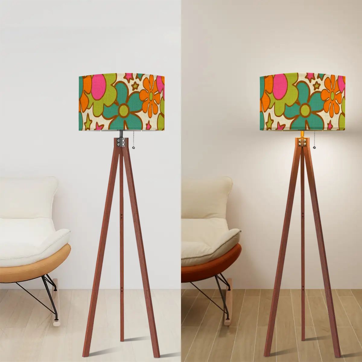 Groovy 70s Flower Power Mid Century Modern Tripod Floor Lamp