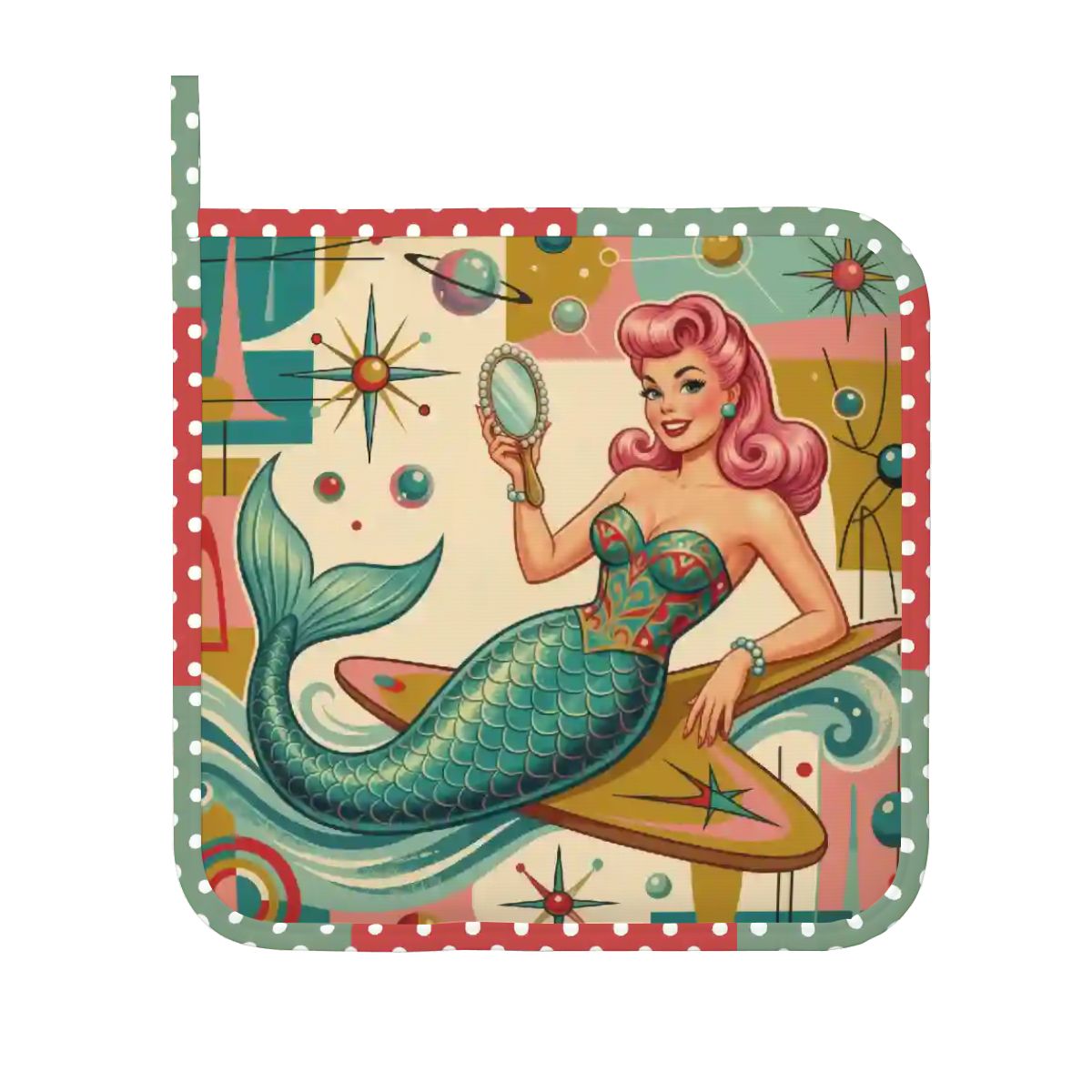 1950s Retro Mermaid Atomic Starburst Oven Mitt Pot Holder Set (Right)