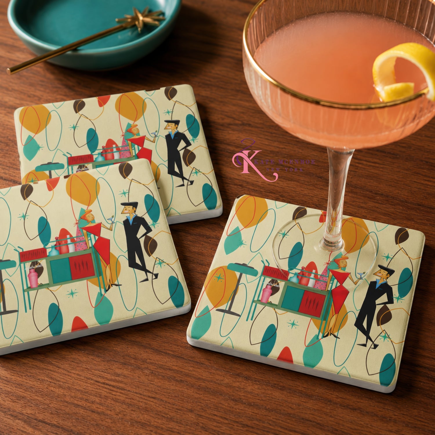 Retro Vintage 50s Cocktail Coasters, Mid Century Modern Kitsch Barware