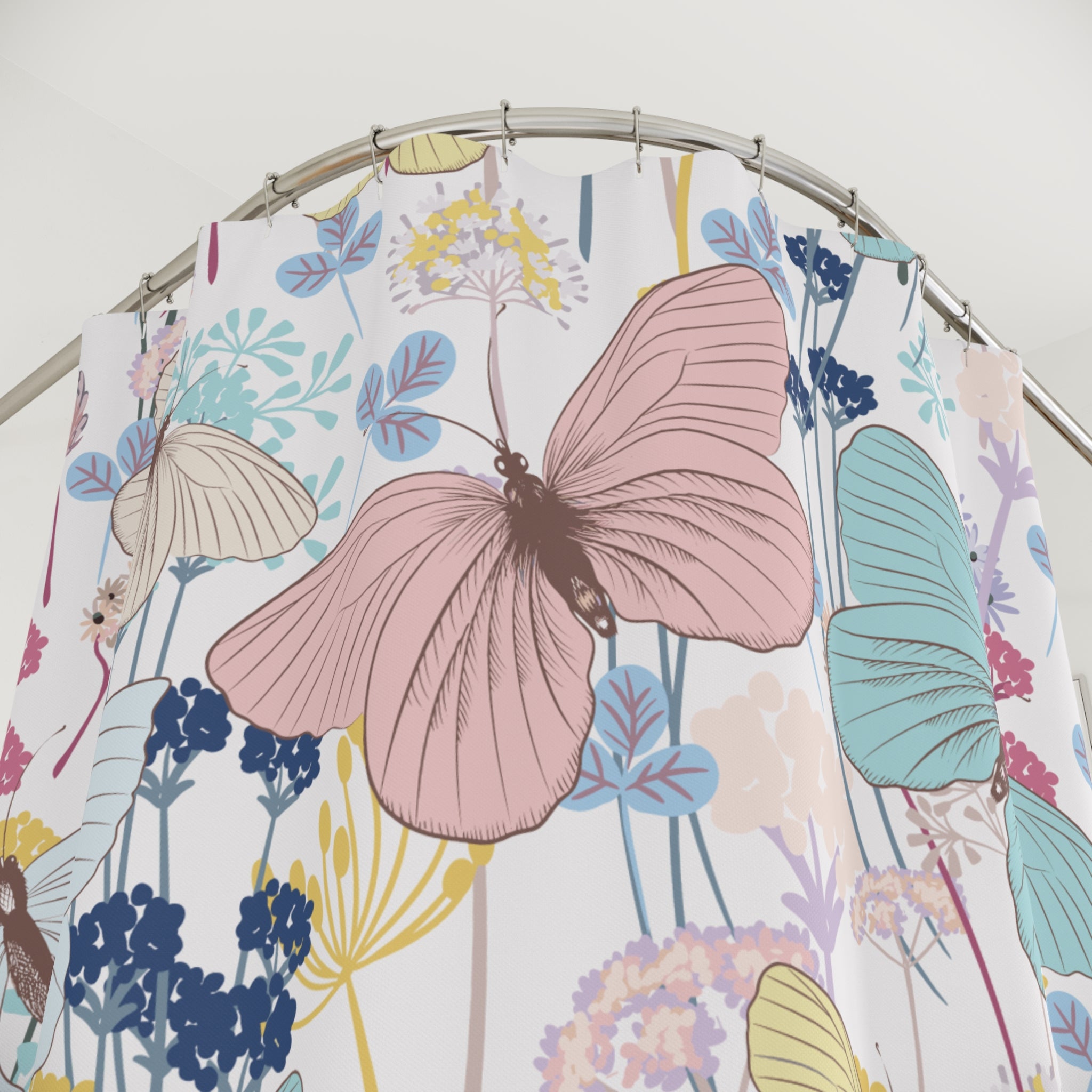 Shower Curtain with Pastel Watercolor Butterfly and Flowers