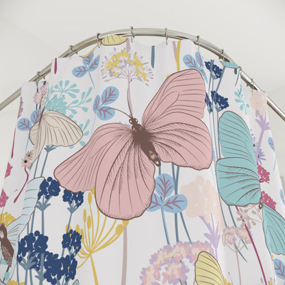 Shower Curtain with Pastel Watercolor Butterfly and Flowers