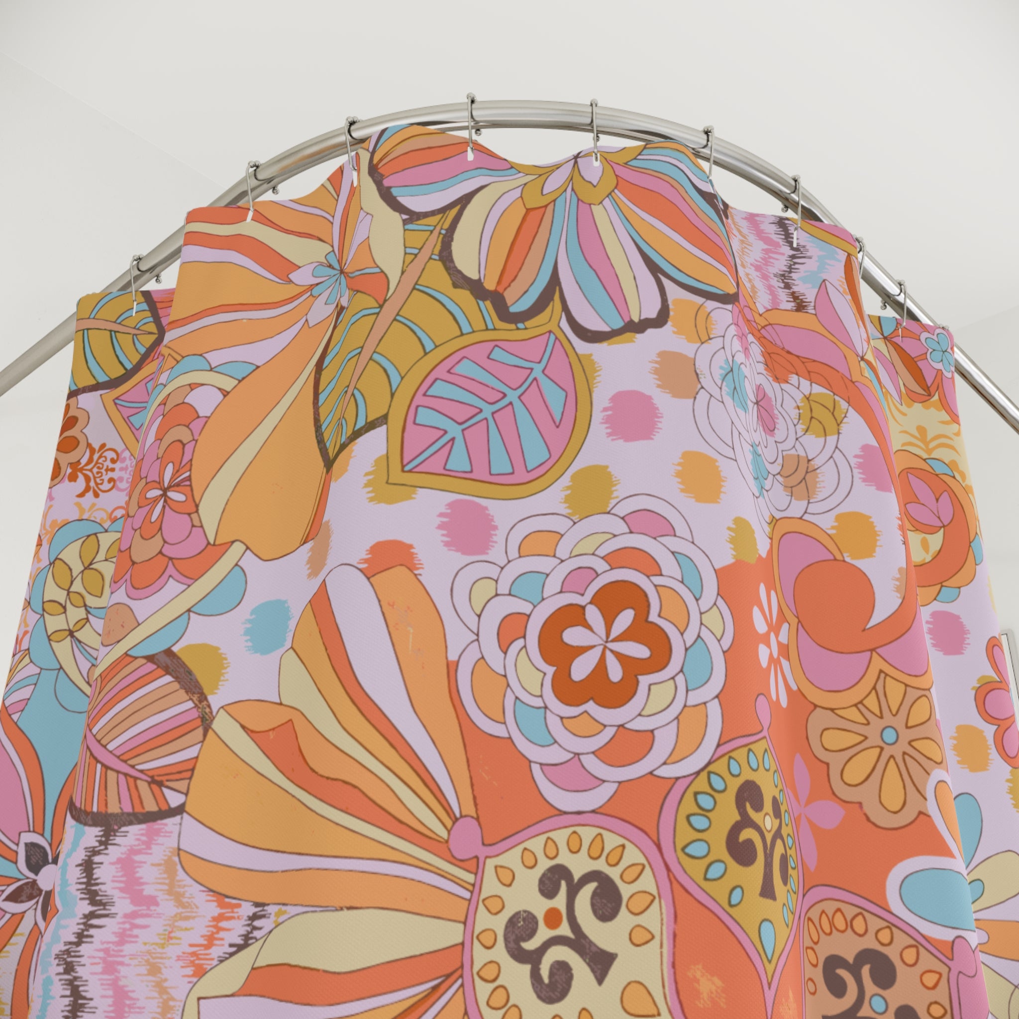 Retro Trippy Flower Power Shower Curtain, 70s Mid Mod Hippie Chic Floral Bathroom Decor with Groovy Orange, Yellow, and Blue Palette