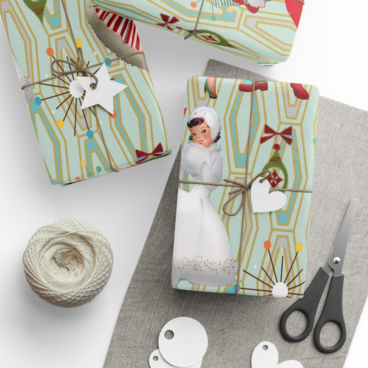 1950s Retro Vintage Christmas Wrapping Paper, Mid Century Modern Retro Green, Red, Women, Ladies, Housewives Holiday Gift Wrap