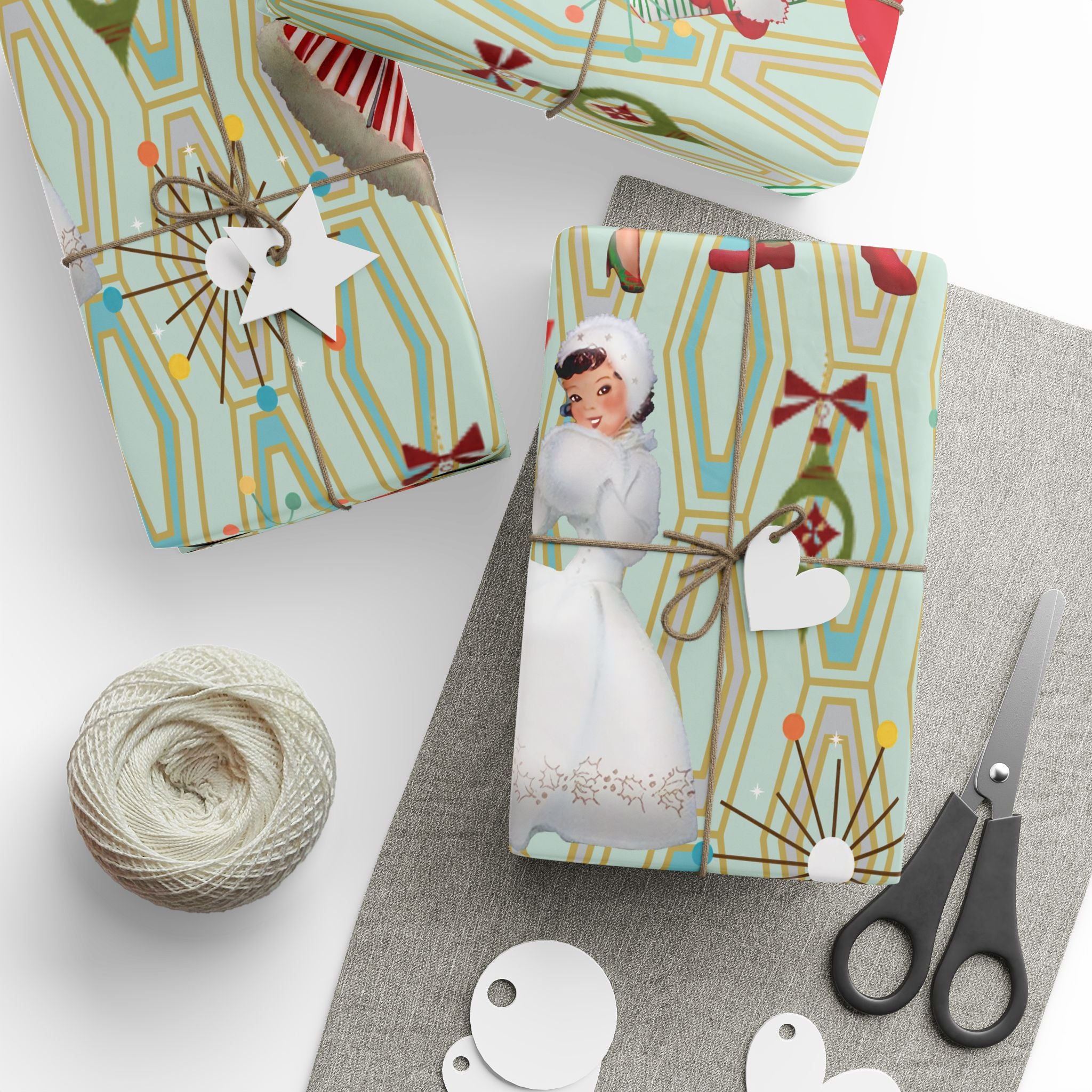 1950s Retro Vintage Christmas Wrapping Paper, Mid Century Modern Retro Green, Red, Women, Ladies, Housewives Holiday Gift Wrap