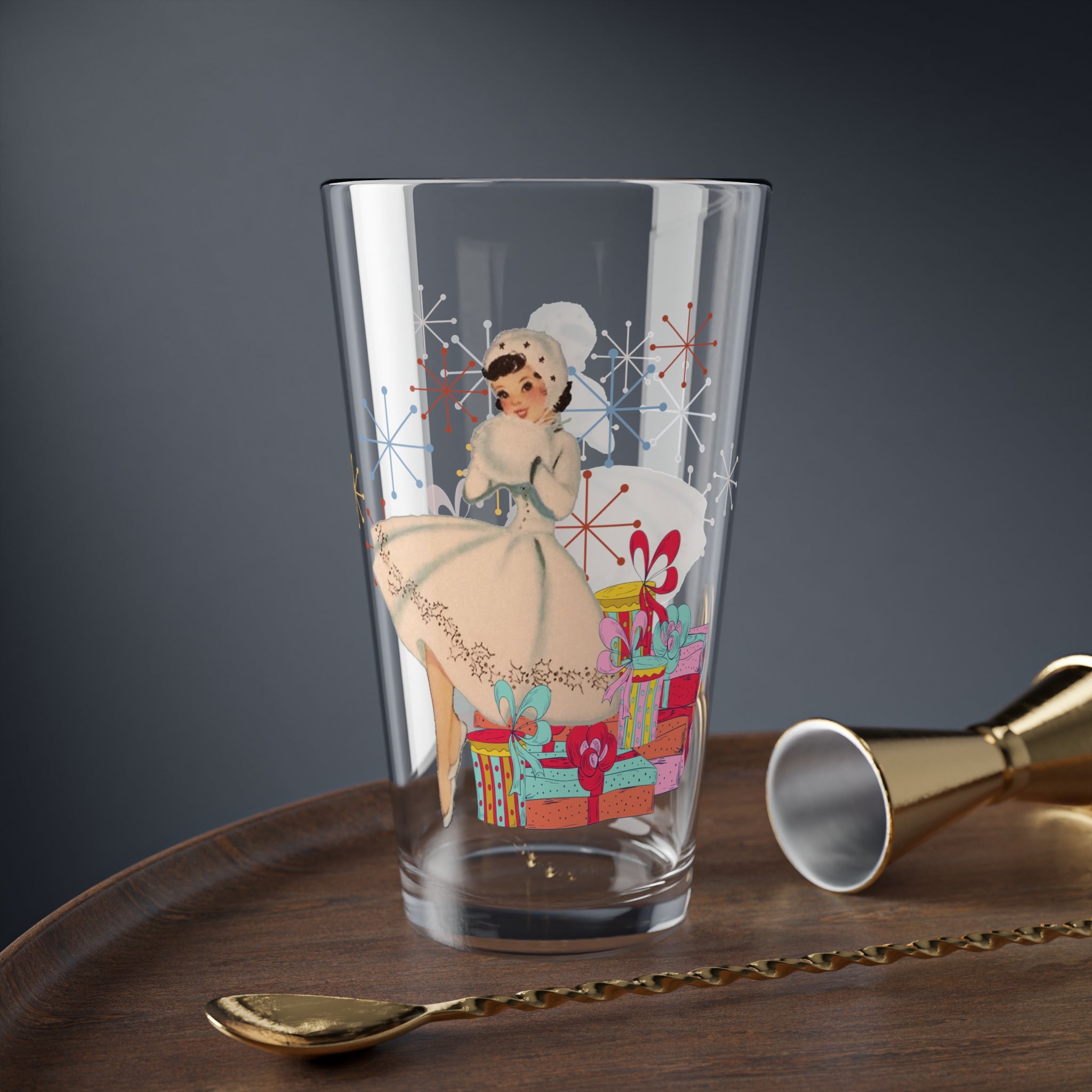 Retro Mid Century Kitsch Vintage Christmas Card Art Pint Glass