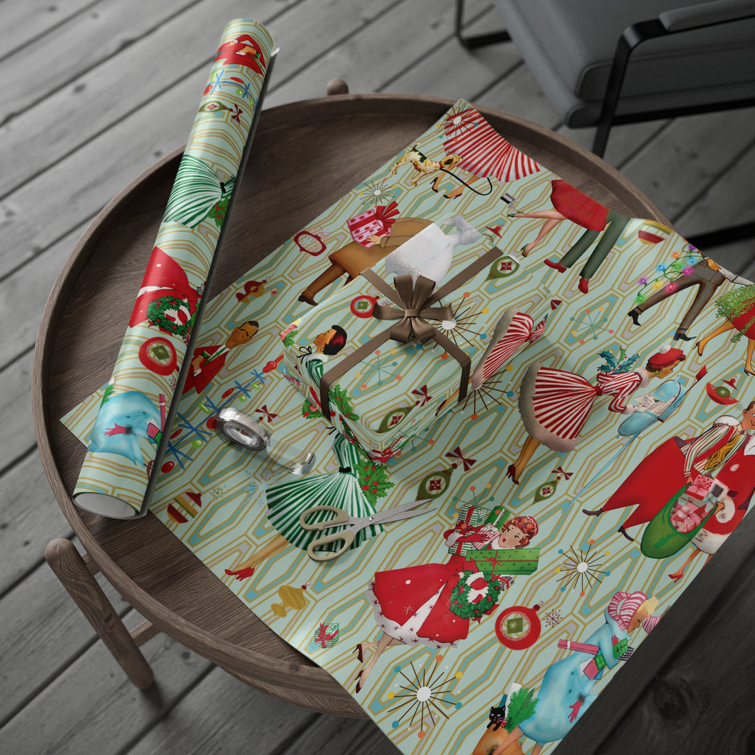 1950s Retro Vintage Christmas Wrapping Paper, Mid Century Modern Retro Green, Red, Women, Ladies, Housewives Holiday Gift Wrap