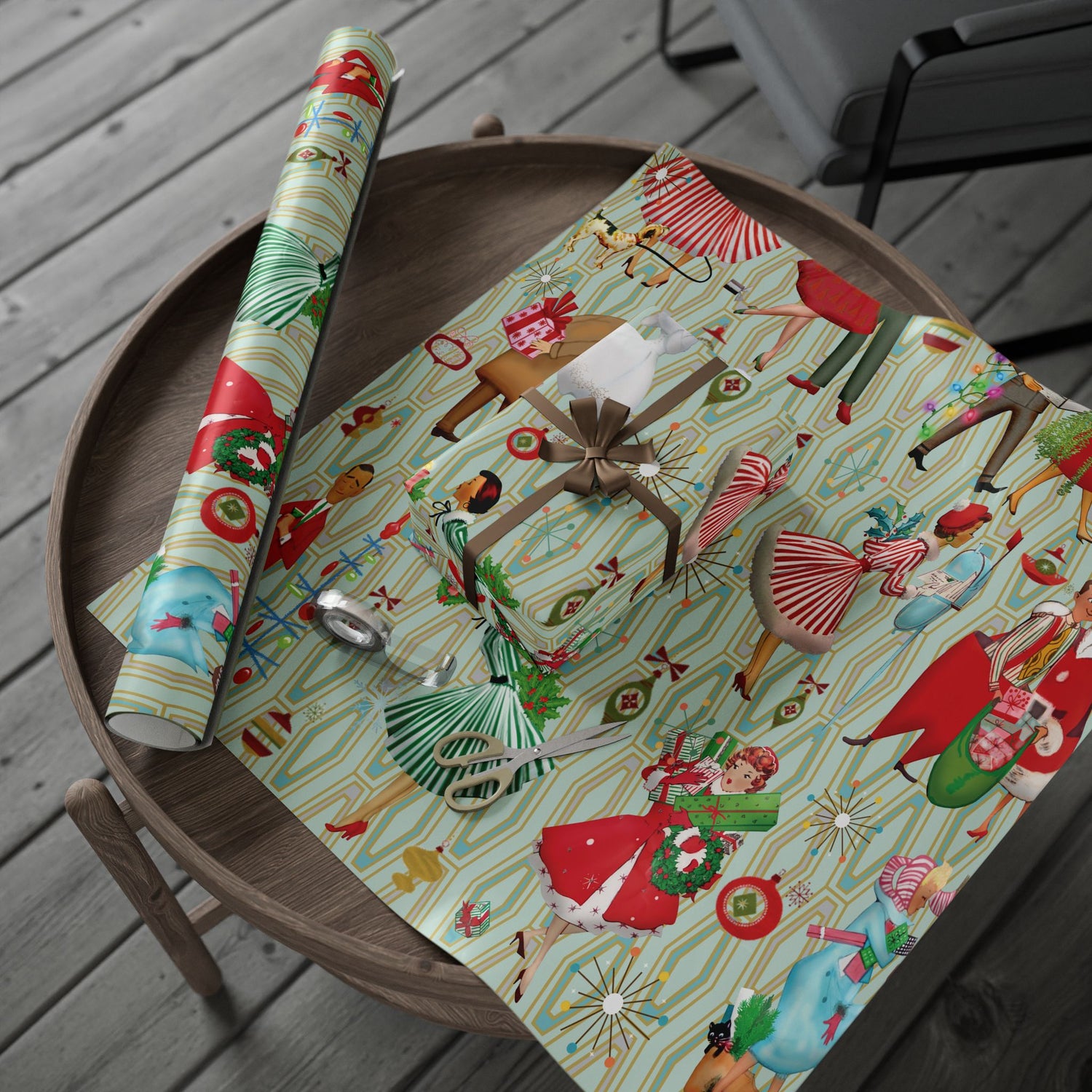 1950s Retro Vintage Christmas Wrapping Paper, Mid Century Modern Retro Green, Red, Women, Ladies, Housewives Holiday Gift Wrap