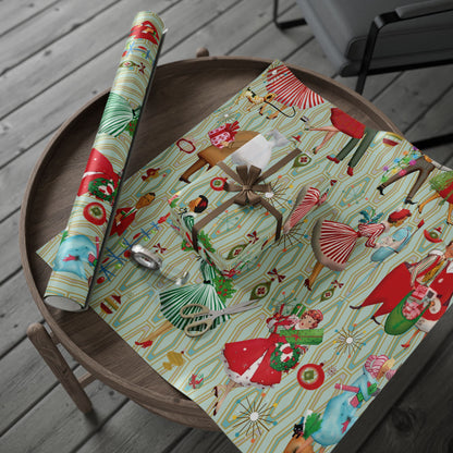 1950s Retro Vintage Christmas Wrapping Paper, Mid Century Modern Retro Green, Red, Women, Ladies, Housewives Holiday Gift Wrap