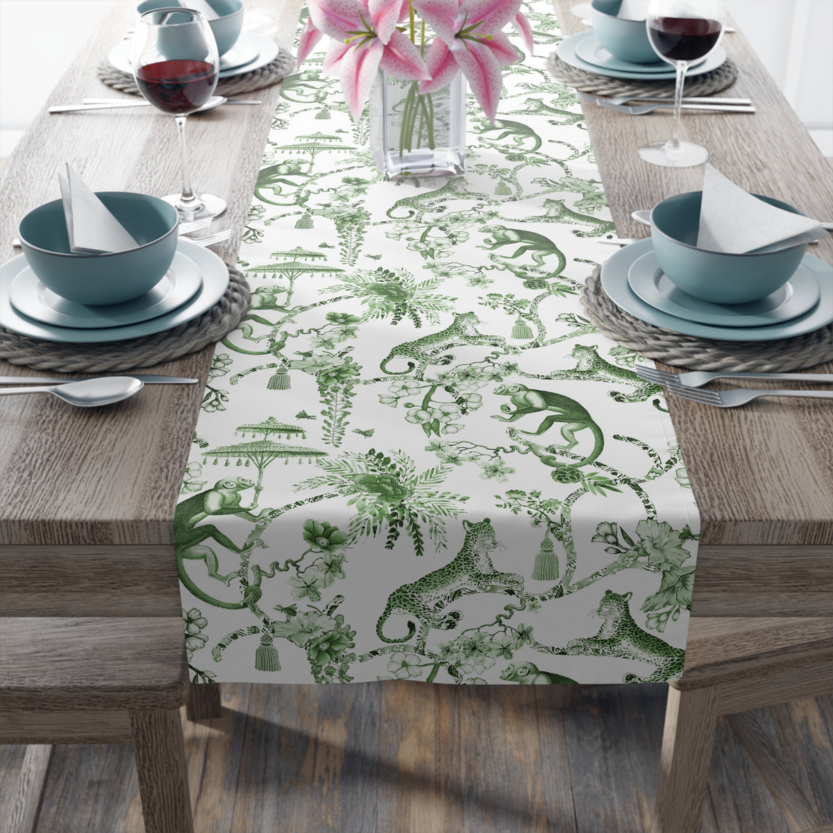 Chinoiserie Botanical Toile Floral Green, White Table Runner