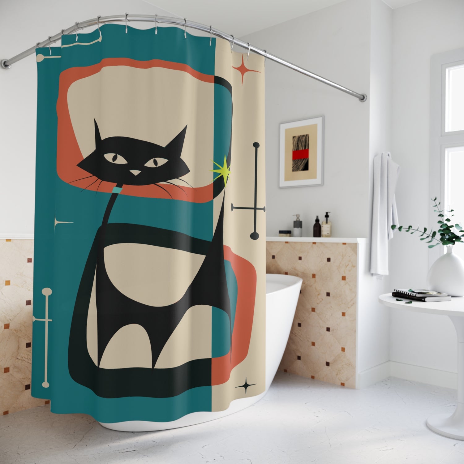 Atomic Cat Shower Curtains, Mid Century Modern Geometric Teal Blue, Burnt Orange, Cream MCM Starburst Bath Curtains, Retro Bathroom Decor