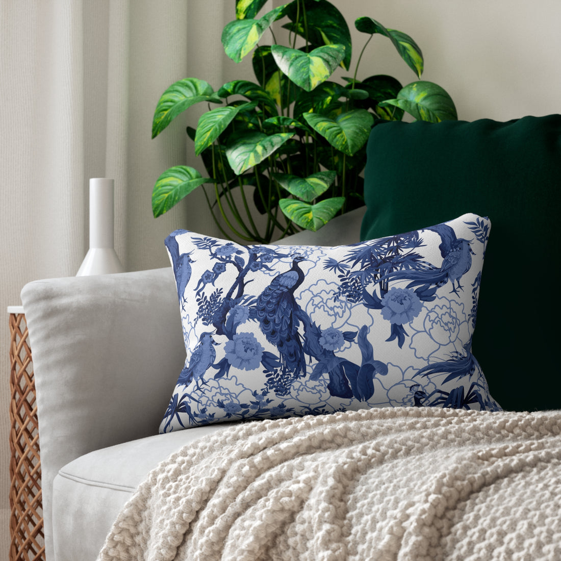 Chinoiserie Lumbar Pillow, Blue Peacock Floral Decorative Cushion