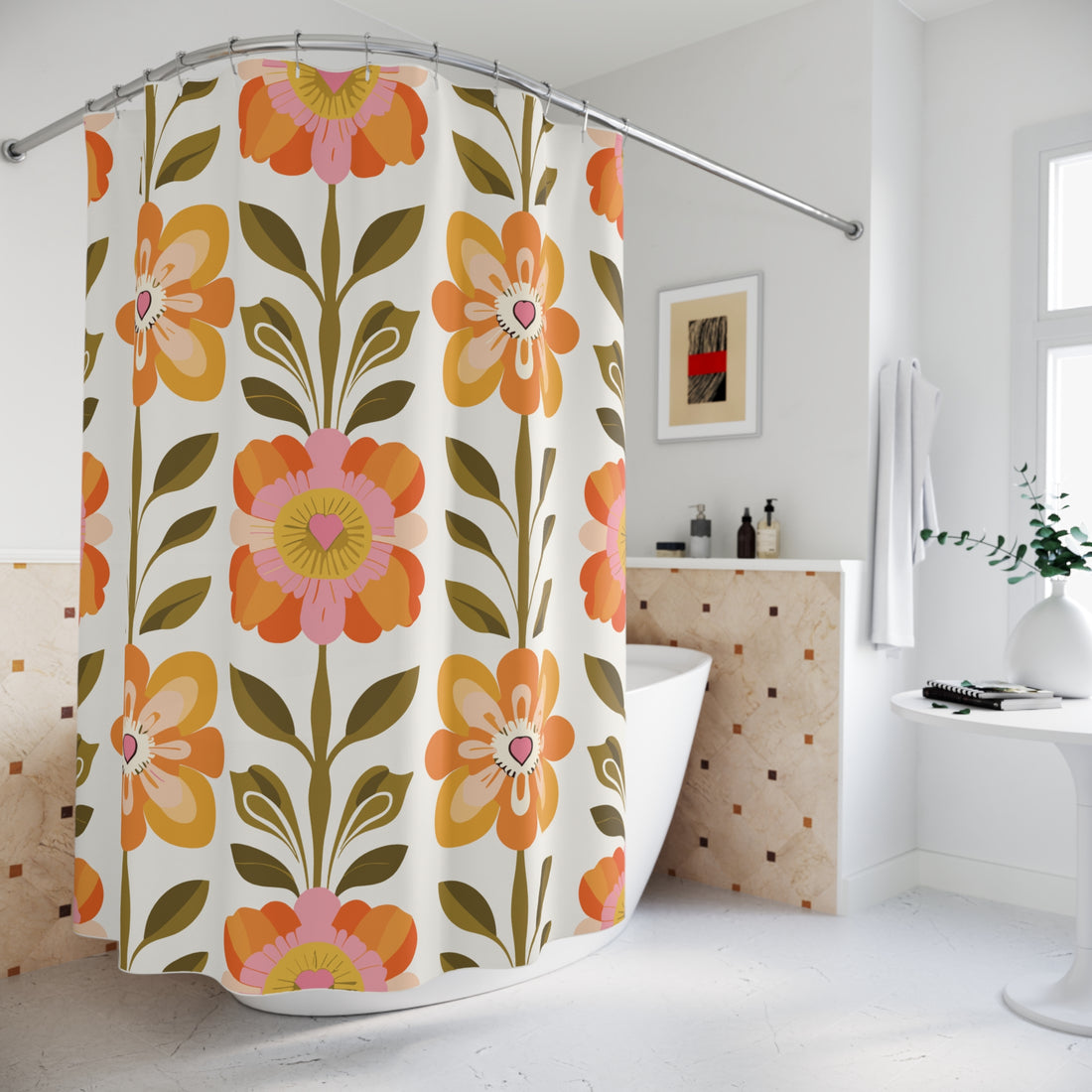 Scandinavian Floral Danish Modern Shower Curtain, Mid Century Modern Bathroom Decor