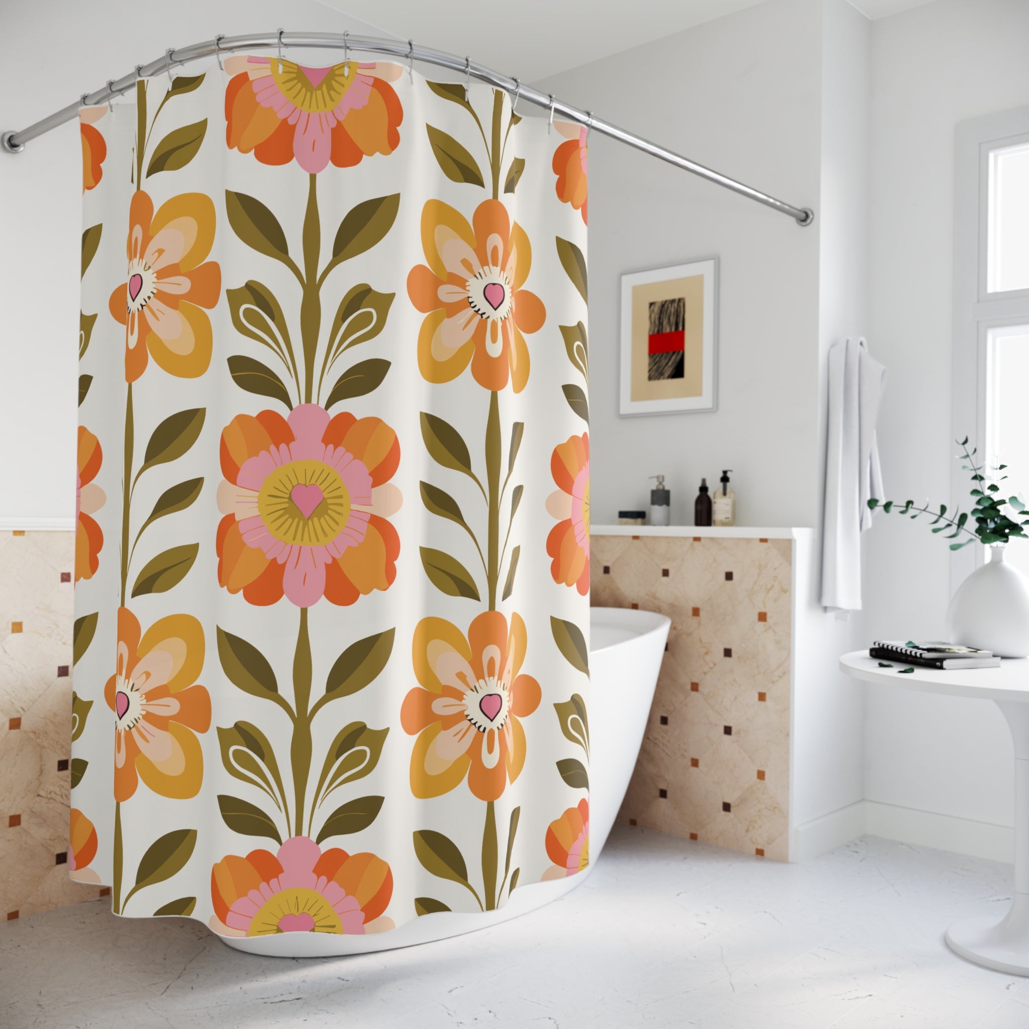 Scandinavian Floral Danish Modern Shower Curtain, Mid Century Modern Bathroom Decor