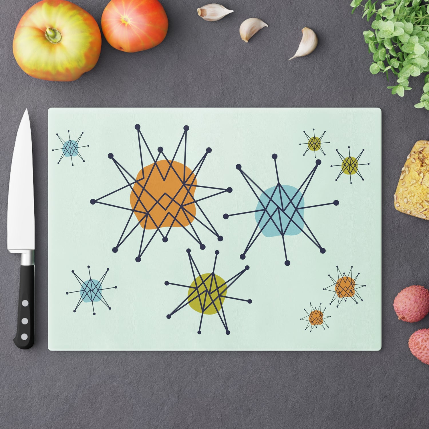 Mid Century Franciscan Starburst Glass Cutting Board, Retro MCM Kitchen