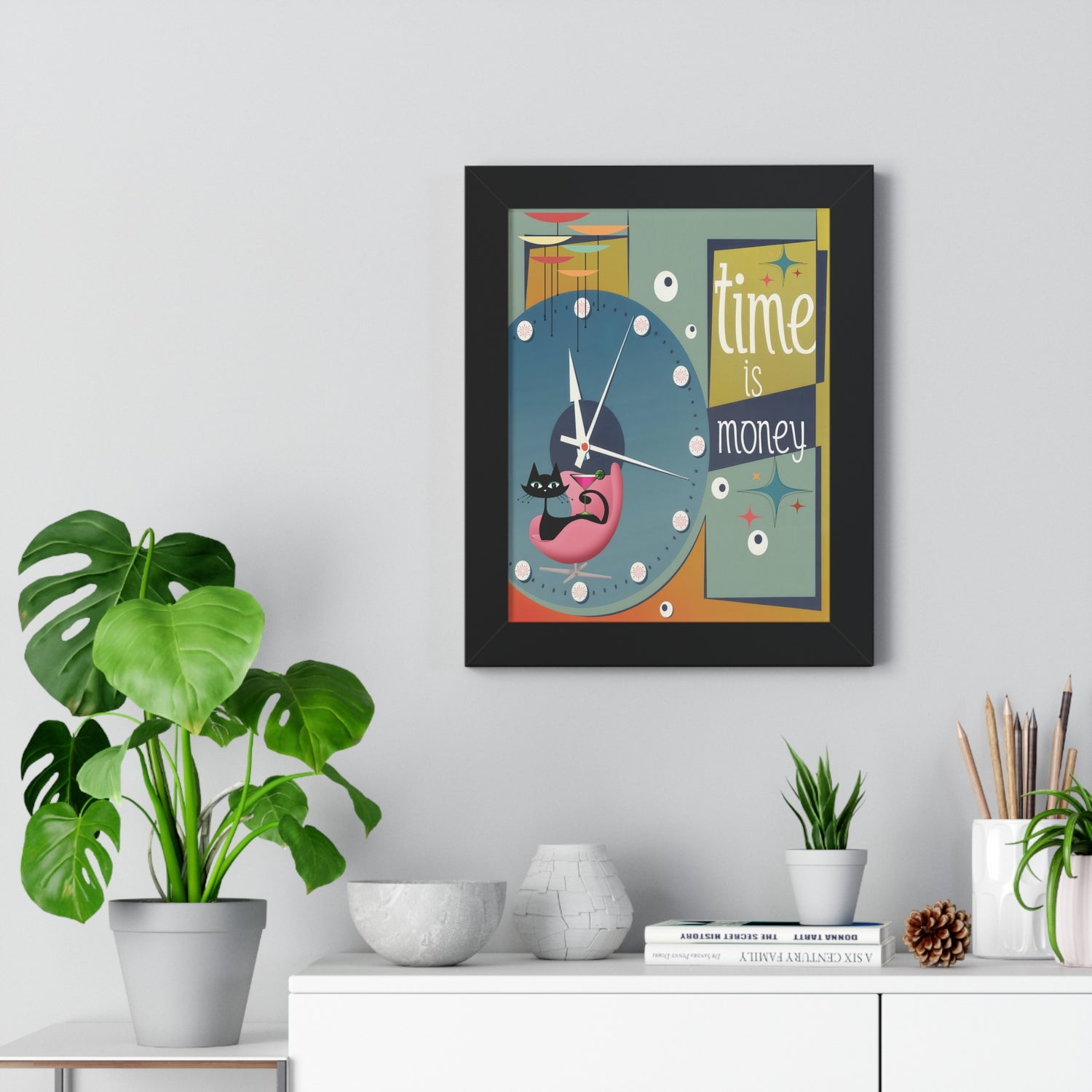 Atomic Cat Mid Century Modern Time is Money Framed Vertical Poster, Retro 50s Wall Art, MCM Clock Starburst Decor