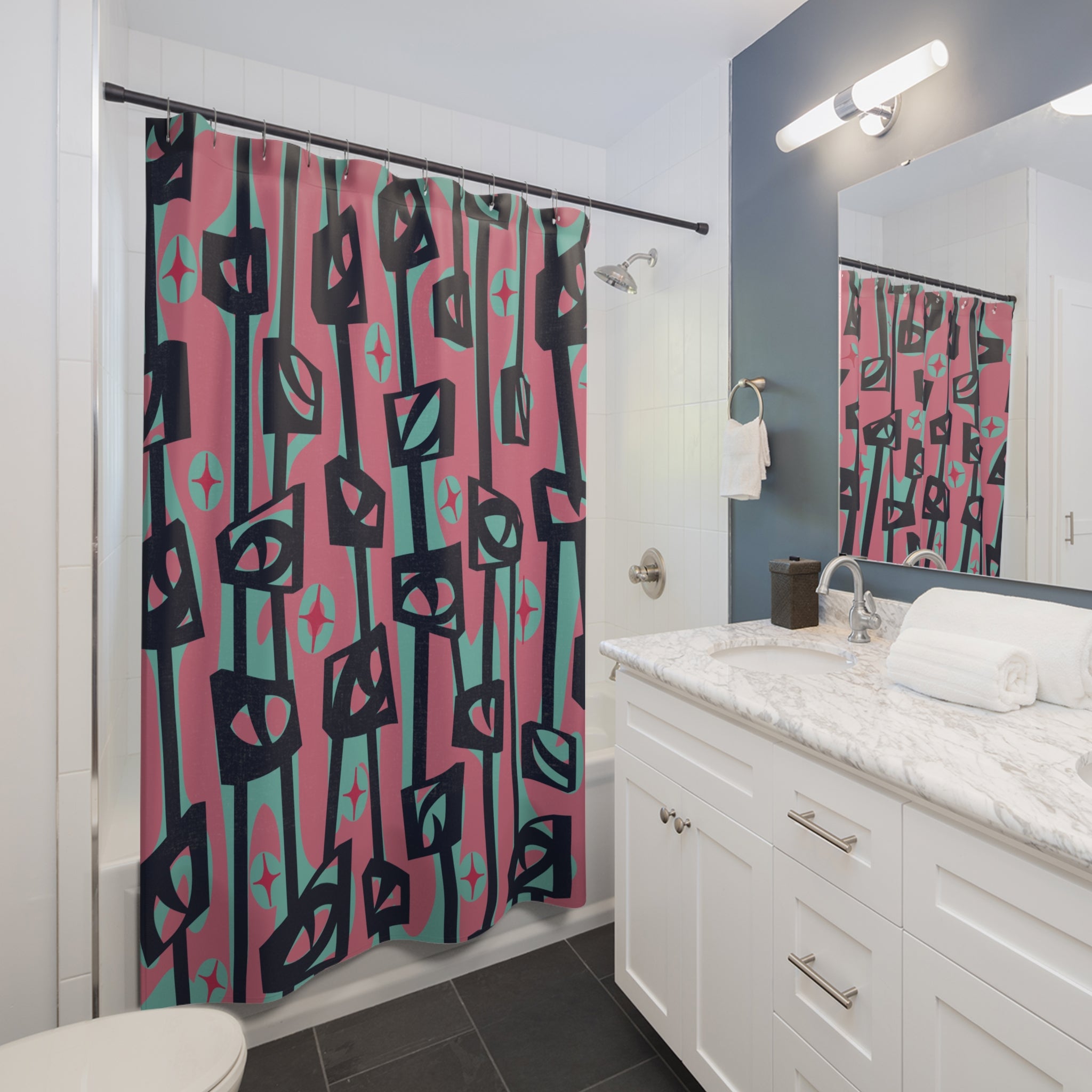 Mid Century Modern Googie Atomic Cat Eye Tiki Shower Curtain
