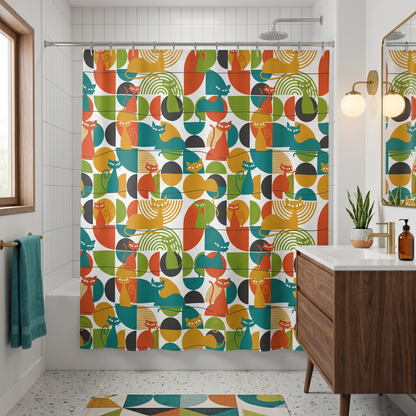 Atomic Cat Shower Curtain, Mid Century Modern Retro Bath Decor