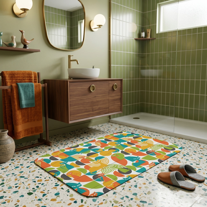 Atomic Cat Bath Mat, Mid Century Modern Retro Geometric Bathroom Rug