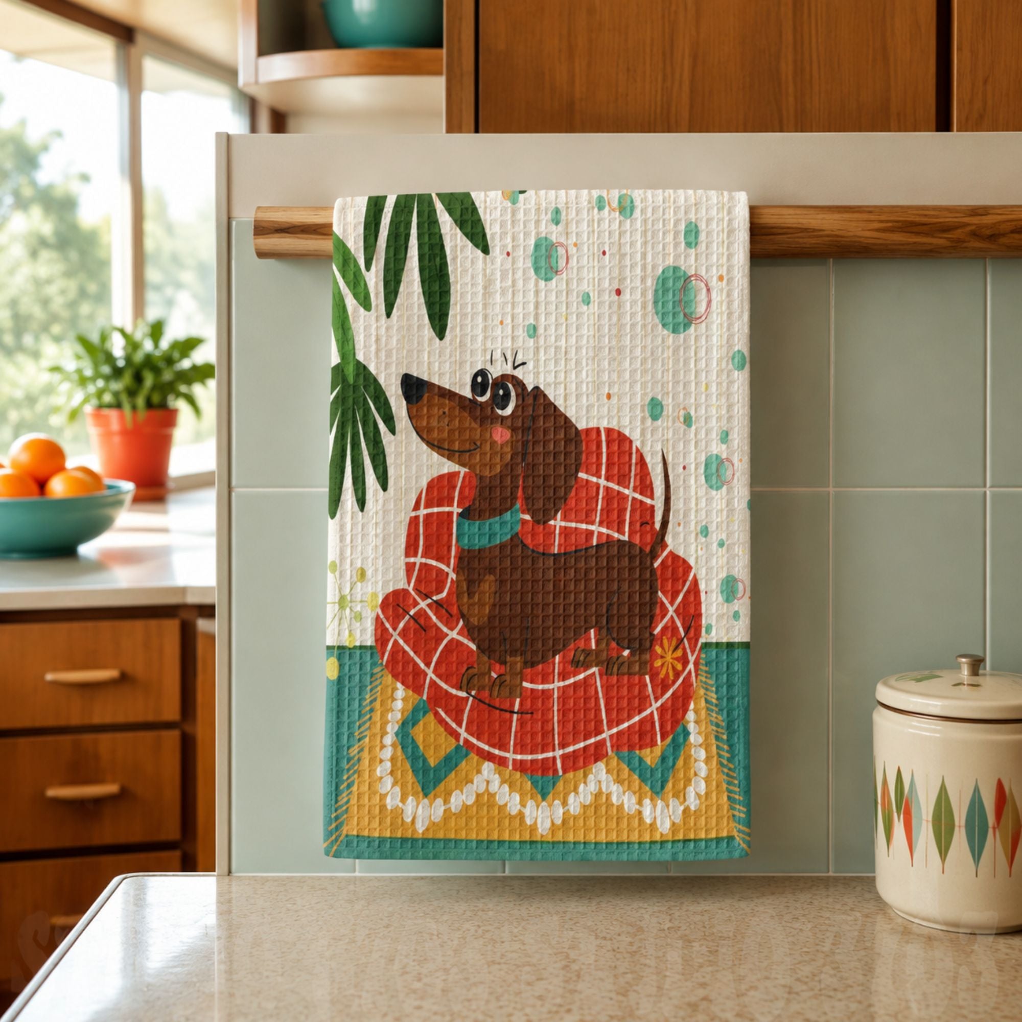 Kitschy Doxie Dachshund Retro 50s Waffle Weave Kitchen Towel