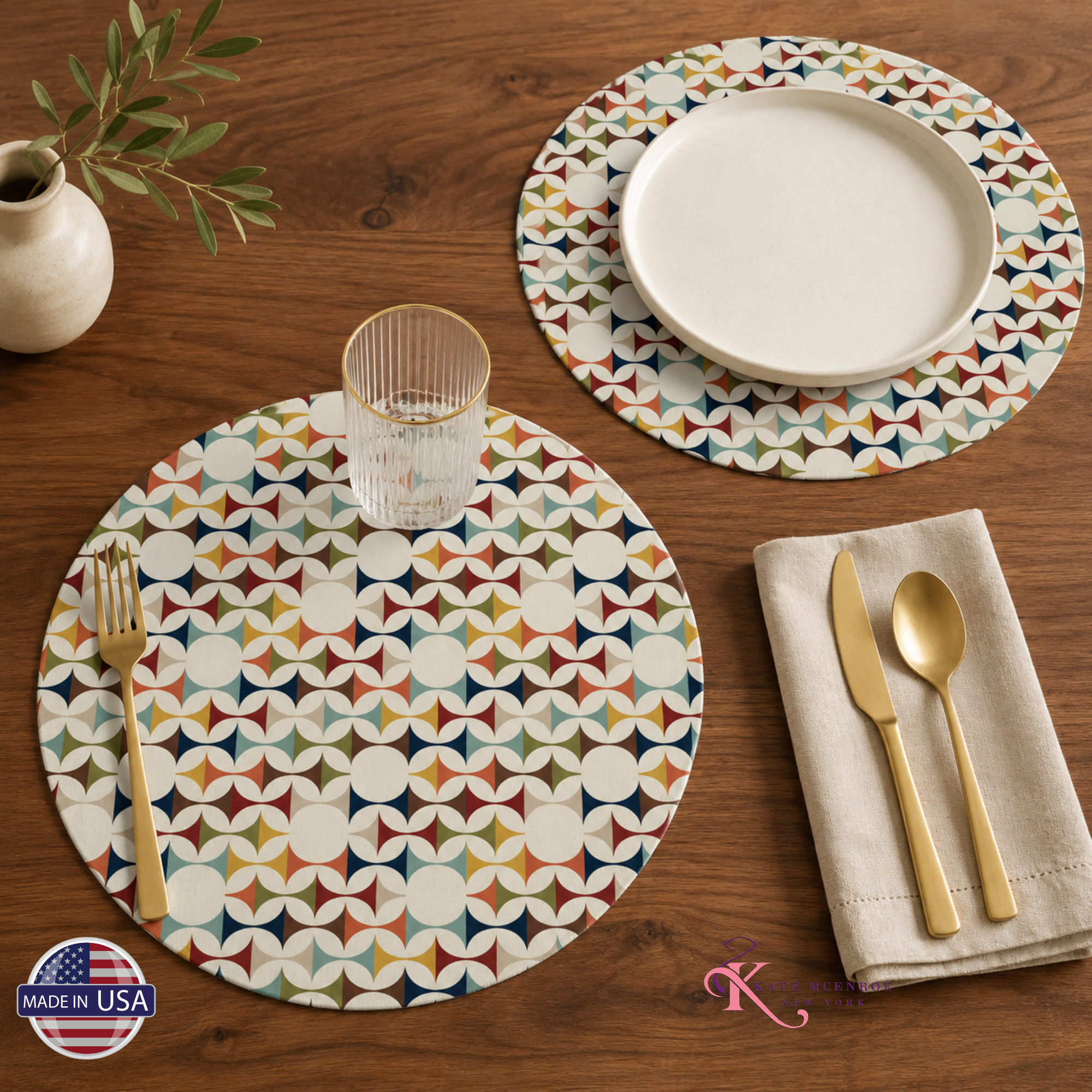 Scandinavian Danish Modern Round Placemats, Retro Geometric Table Mats Set of 4