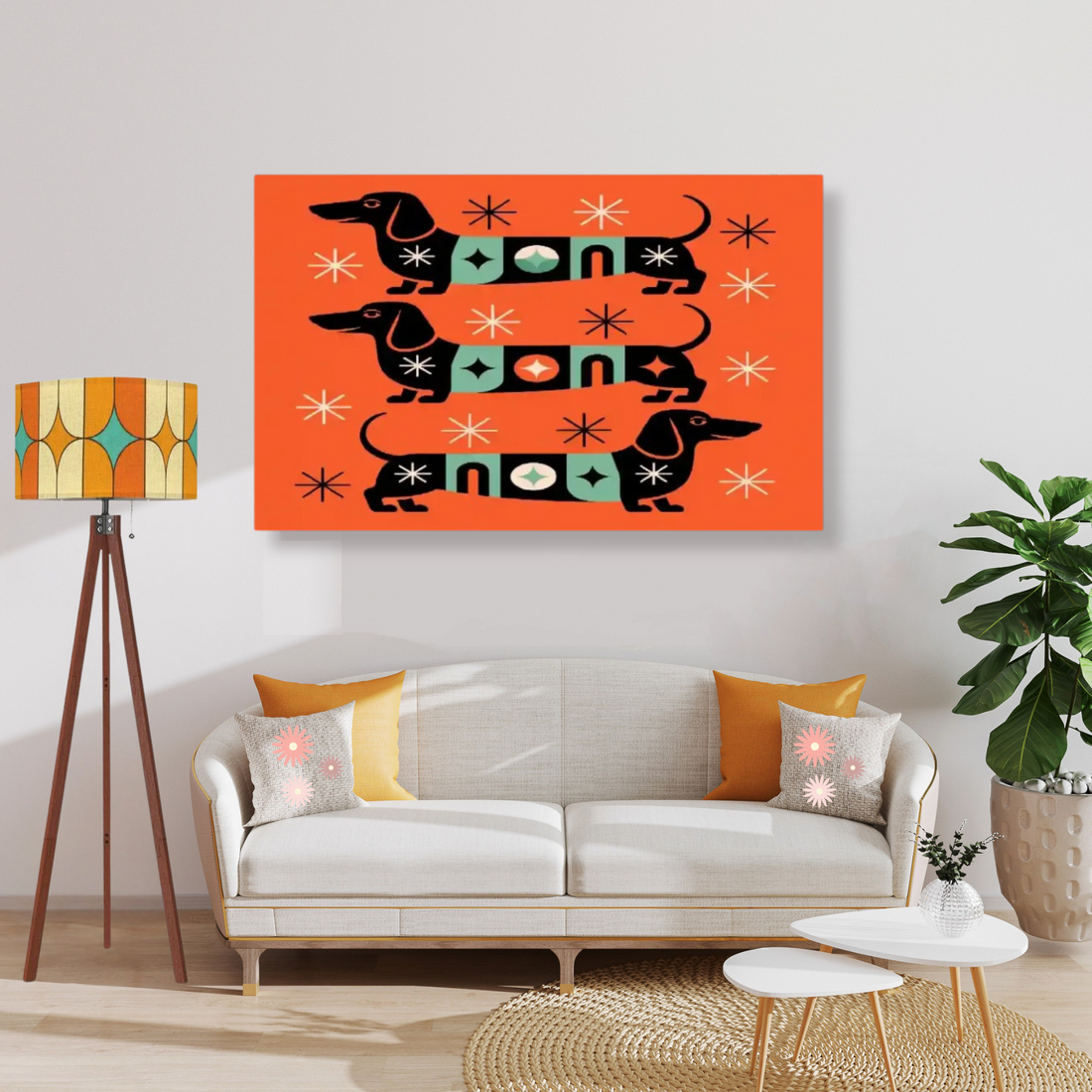 Mid Century Modern Retro Dachshund Canvas Wall Art, 50s Kitsch Doxie Dog MCM Decor