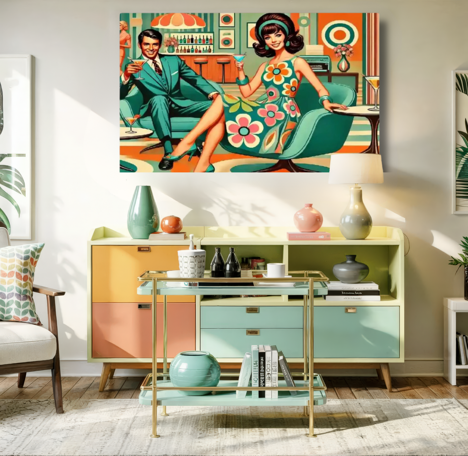 Kitschy Retro 60s Mod Cocktail Lounge Canvas Wall Art, Mid Century Modern Swanky Bar Scene