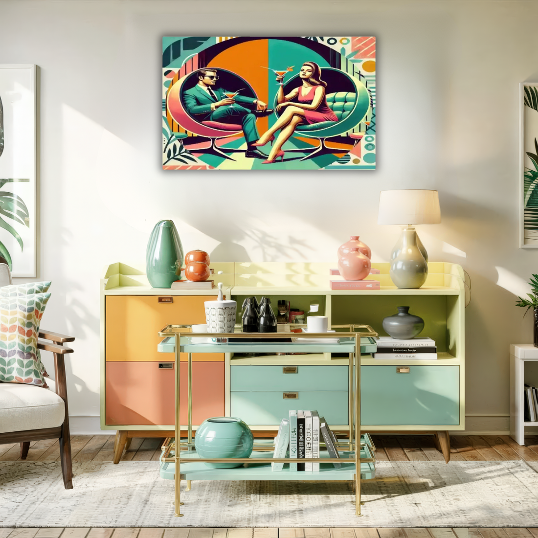 Retro 60s Cocktail Party Canvas Wall Art, Mid Century Modern Swanky Mod Lounge Decor