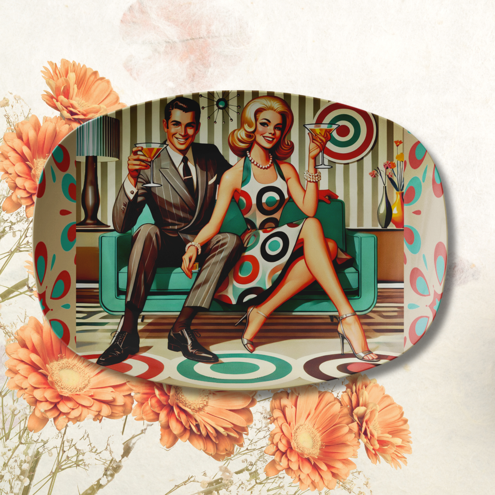 Mid Century Kitschy Mod Couple Serving Platter, Retro 50s Cocktail Hour, Swanky Lounge Party Tray