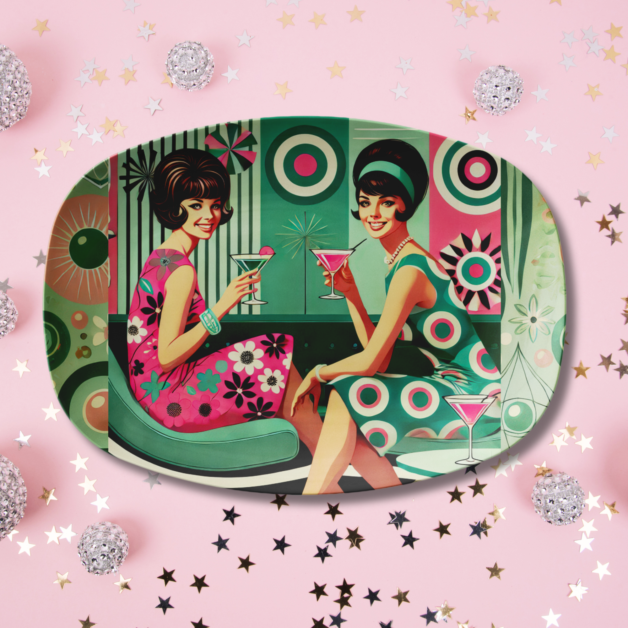 Retro Mod Girls Cocktail Party Platter, Mid Century Swanky Lounge Serving Tray, 60s Kitsch Hostess Dish