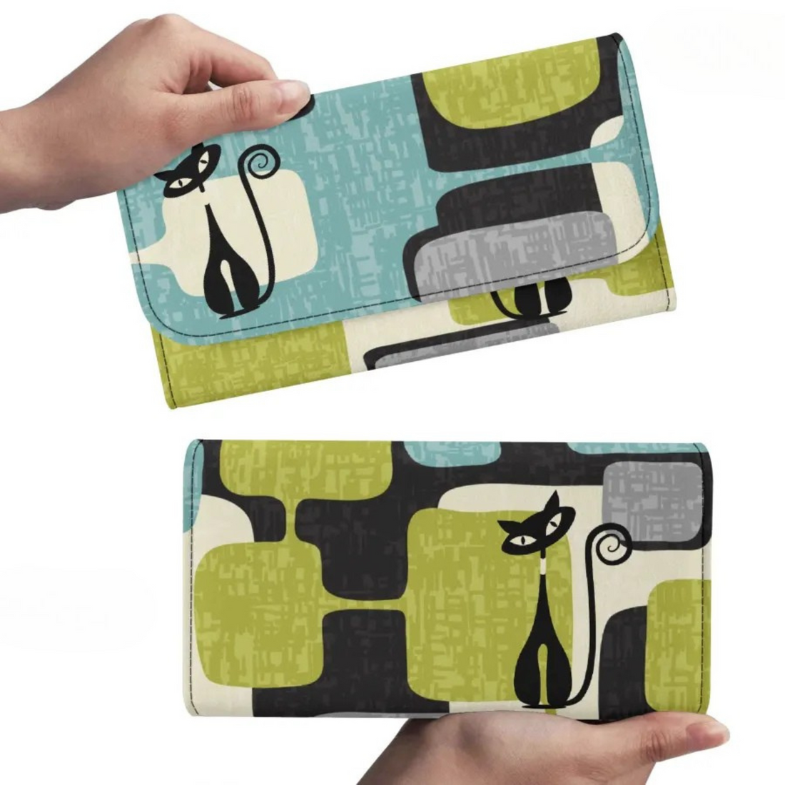 Atomic Cat Mid Century Modern Trifold Wallet, Retro Kitsch Geometric Billfold
