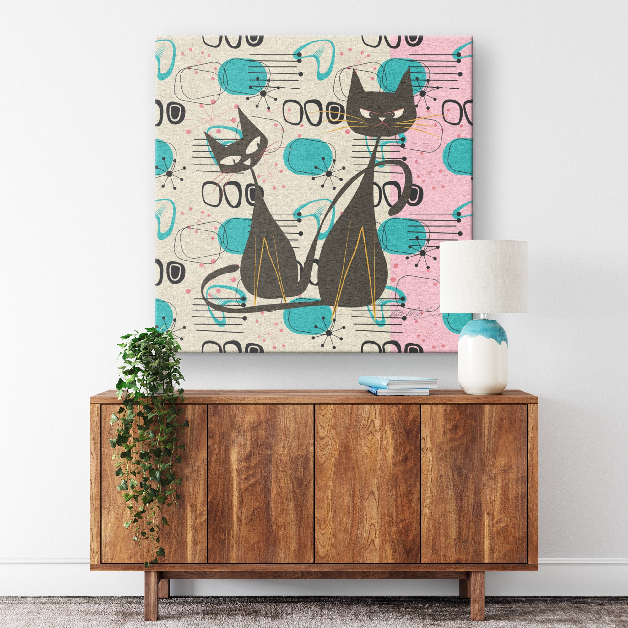 Curious Whiskers &amp; Grumpy Paws: Atomic Cats Canvas Art, Mid-Century Modern Retro Wall Decor