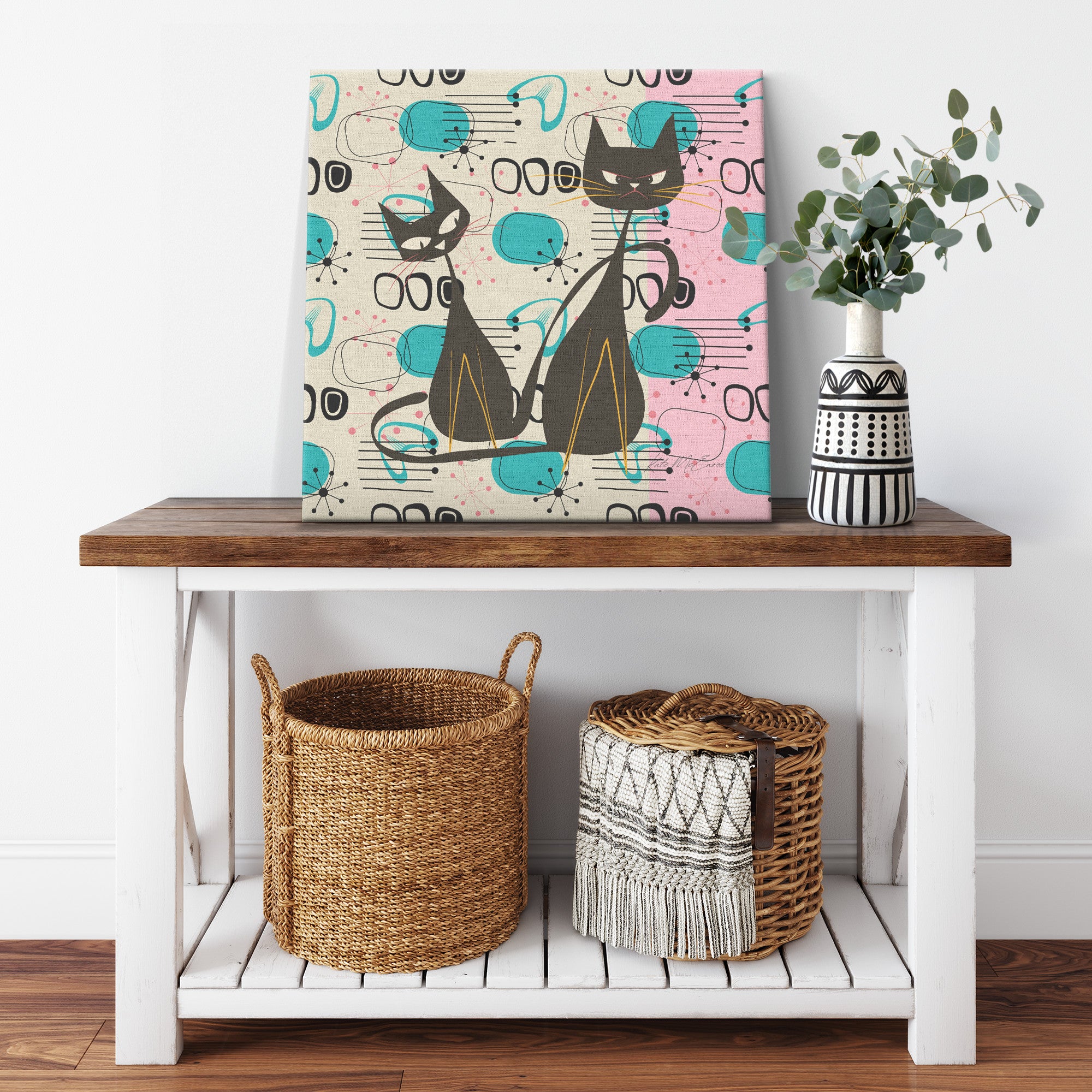 Curious Whiskers &amp; Grumpy Paws: Atomic Cats Canvas Art, Mid-Century Modern Retro Wall Decor