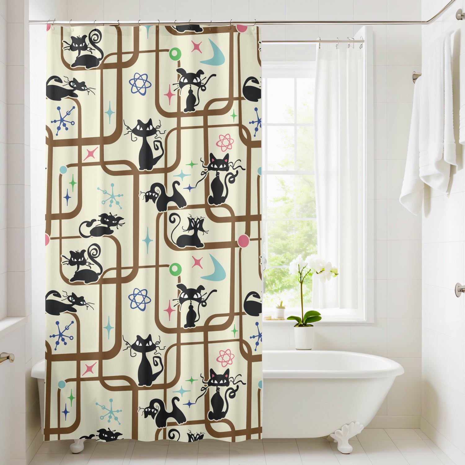 Mid Century Modern Kitschy Atomic Cat Geometric Bathroom Shower Curtain