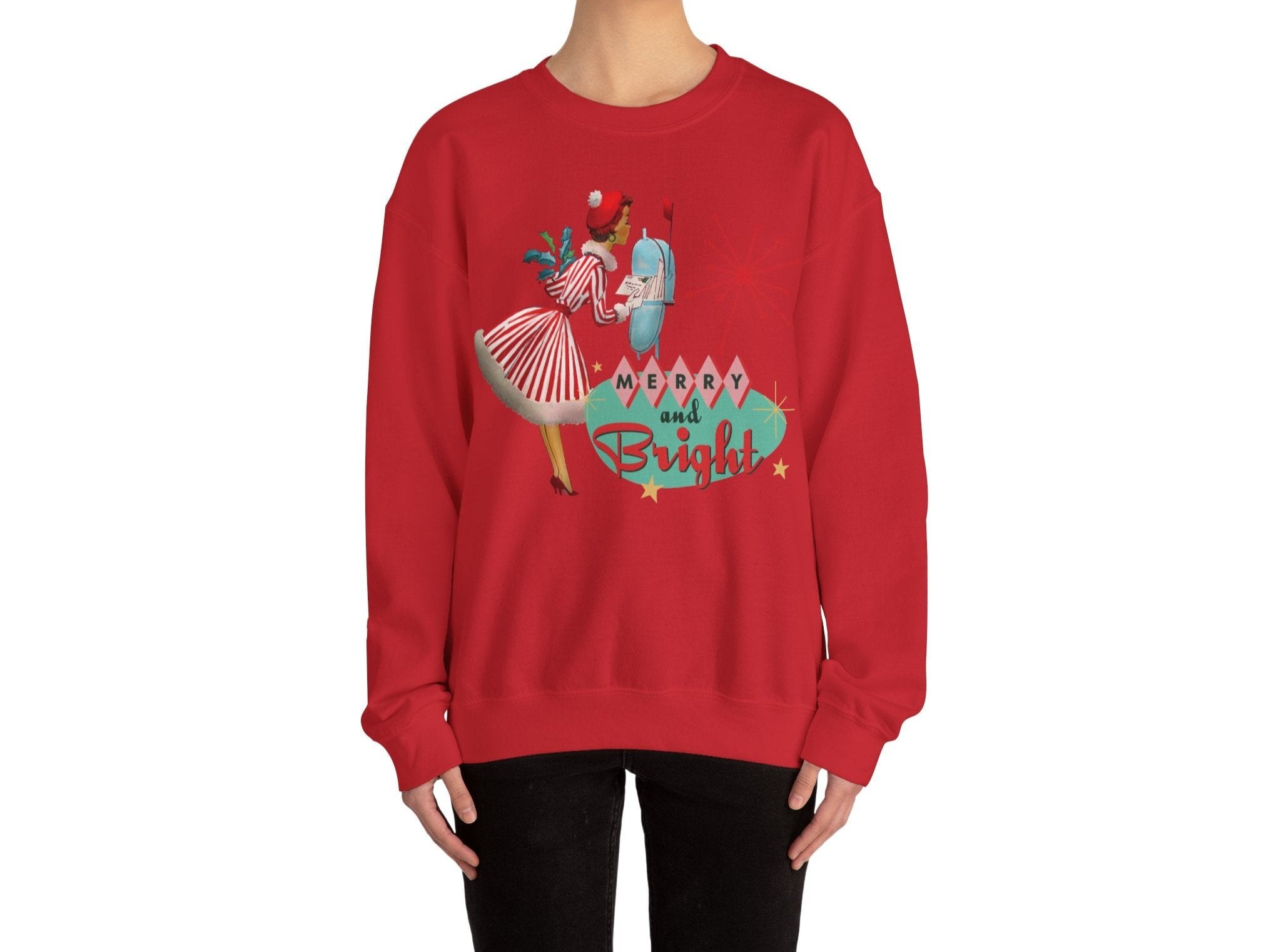 Retro Kitsch Merry and Bright Christmas Sweatshirt, Mid Century Modern 50s Vintage Style Unisex Heavy Blend™ Crewneck Sweatshirt