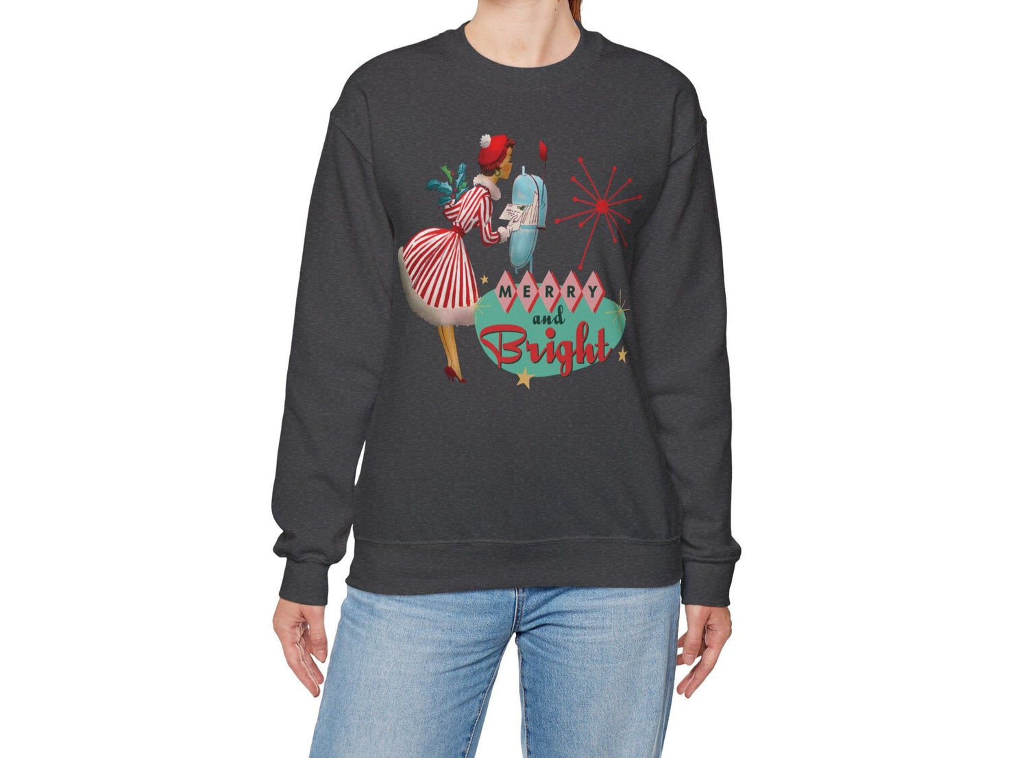 Retro Kitsch Merry and Bright Christmas Sweatshirt, Mid Century Modern 50s Vintage Style Unisex Heavy Blend™ Crewneck Sweatshirt