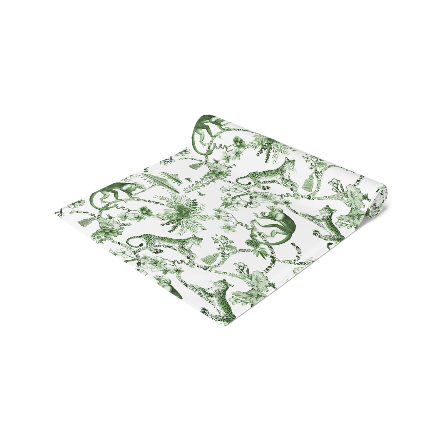 Chinoiserie Botanical Toile Floral Grün, Weißer Tischläufer