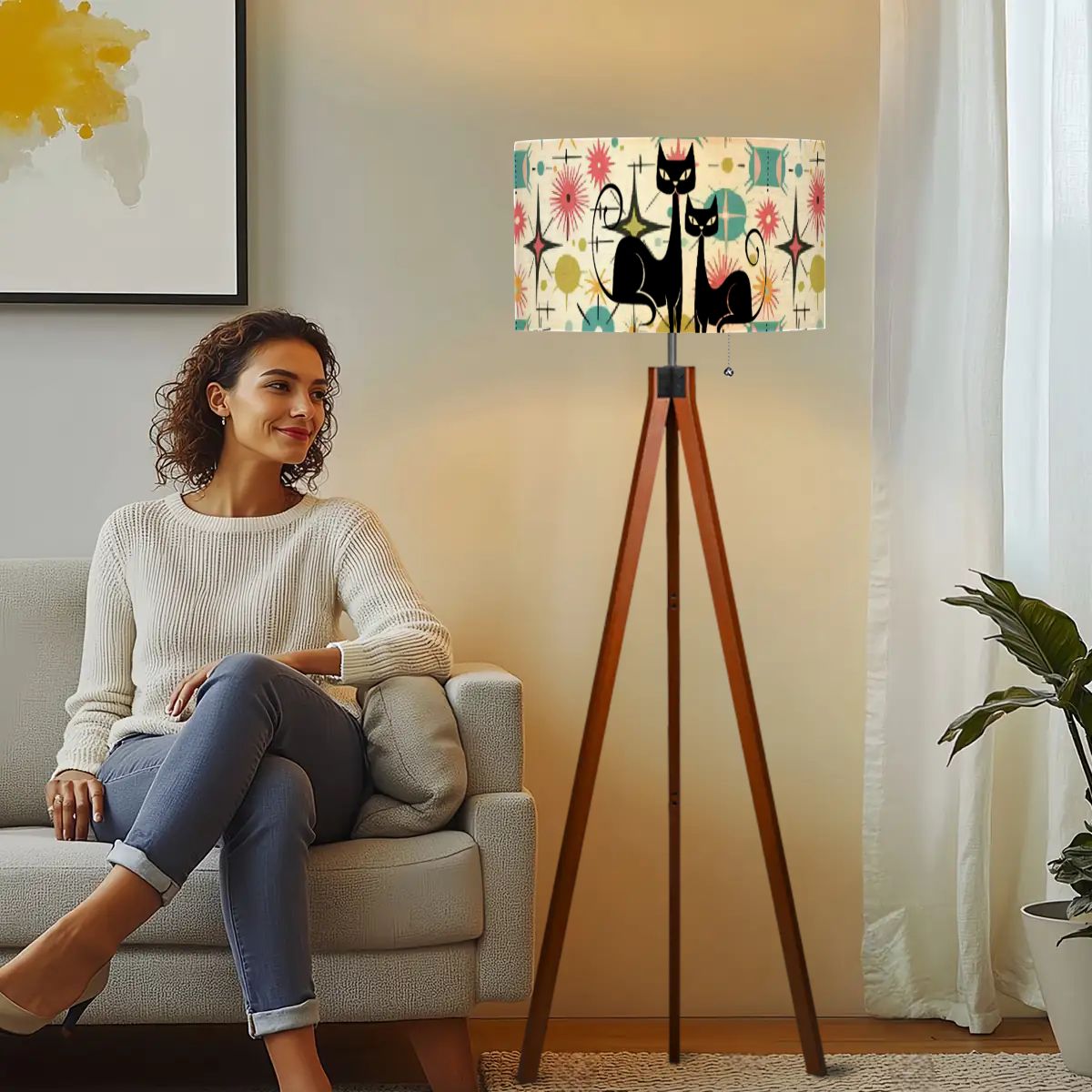 Kitschy Atomic Cat Starburst Mid Century Modern Tripod Floor Lamp