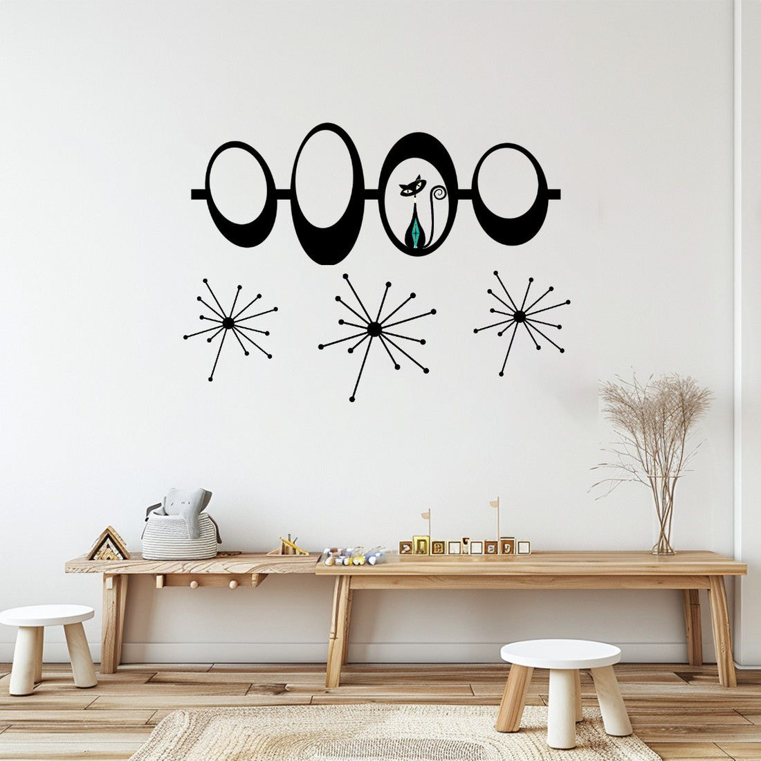 Atomic Cat Mid Century Modern Vinyl Wall Decals, Retro Orbs Starburst Wall Decor, Peel And Stick MCM Stickers