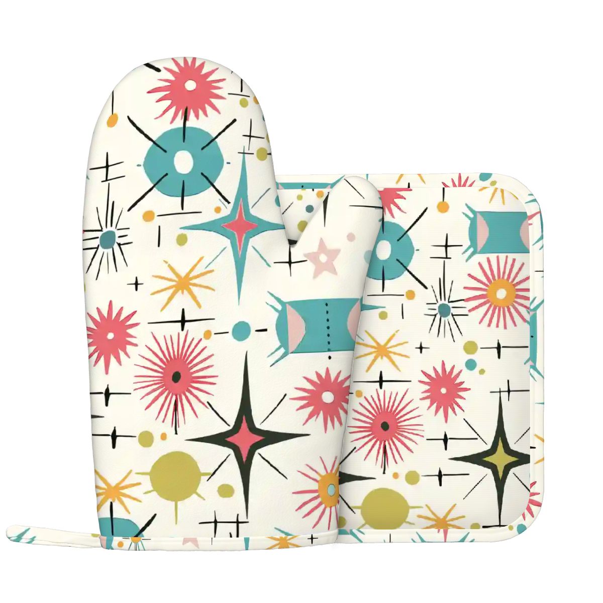 Retro Atomic Starburst Sputnik Mid Century Modern Oven Mitts and Pot Holders Sets (Left)