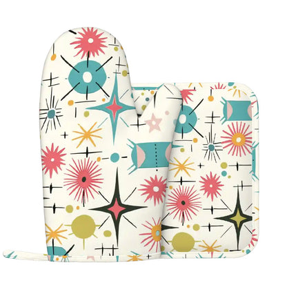 Retro Atomic Starburst Sputnik Mid Century Modern Oven Mitts and Pot Holders Sets (Left)