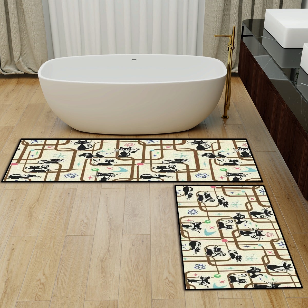 Atomic Cat Mid Century Modern Kitchen Mat Set Non Slip Retro Runner Rug