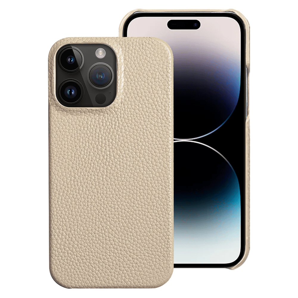 an iphone 11 pro case with a beige leather finish