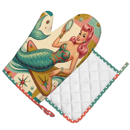 1950s Retro Mermaid Atomic Starburst Oven Mitt Pot Holder Set (Right)