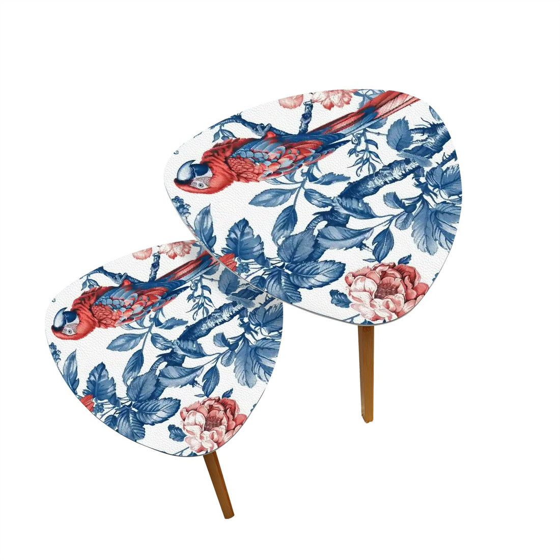 Chinoiserie Parrot Nesting Tables, Blue, Red Floral Accent Coffee Table, Vintage Home Decor