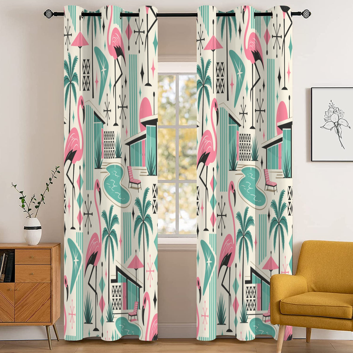 Palm Springs Flamingo Mid Century Modern Grommet Curtain Panels