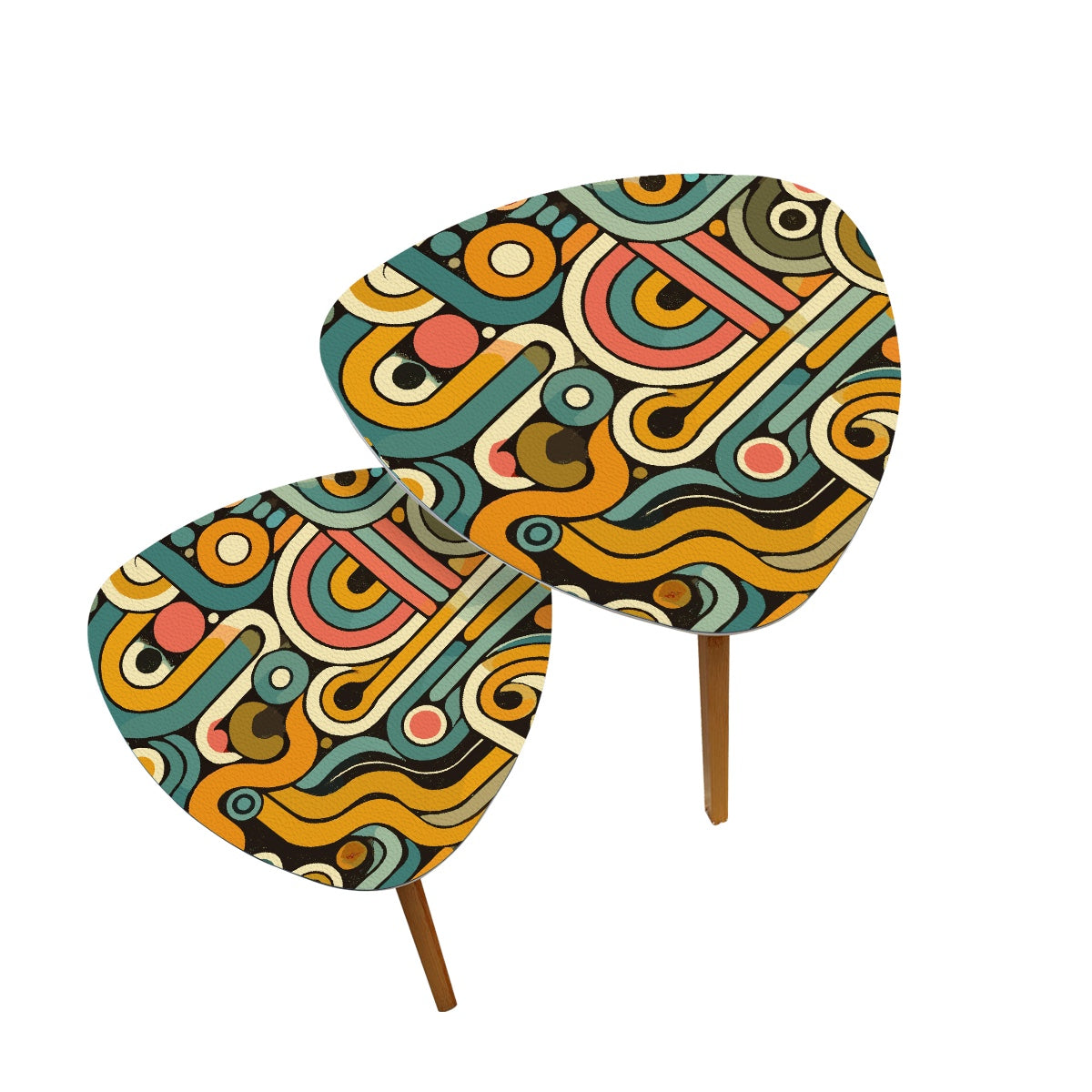 Retro Geometric Nesting Tables, 70s Psychedelic Wave Design, Mid Century Modern Accent Furniture