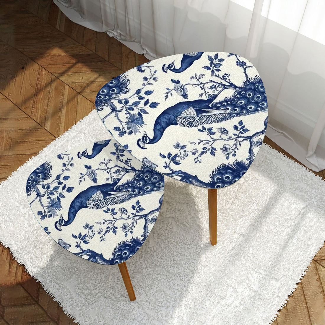 Chinoiserie Peacock Accent Tables, Blue and White Floral Decor, Elegant Nesting Coffee Tables