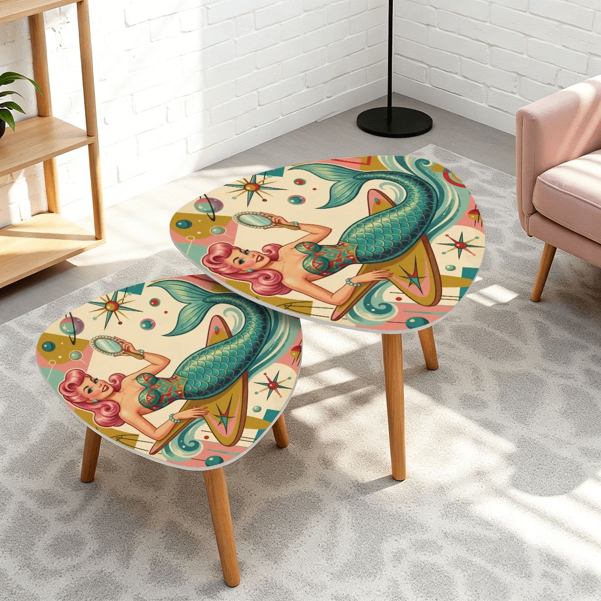 Kitschy 1950s Retro Mermaid Atomic Starburst Nesting Tables