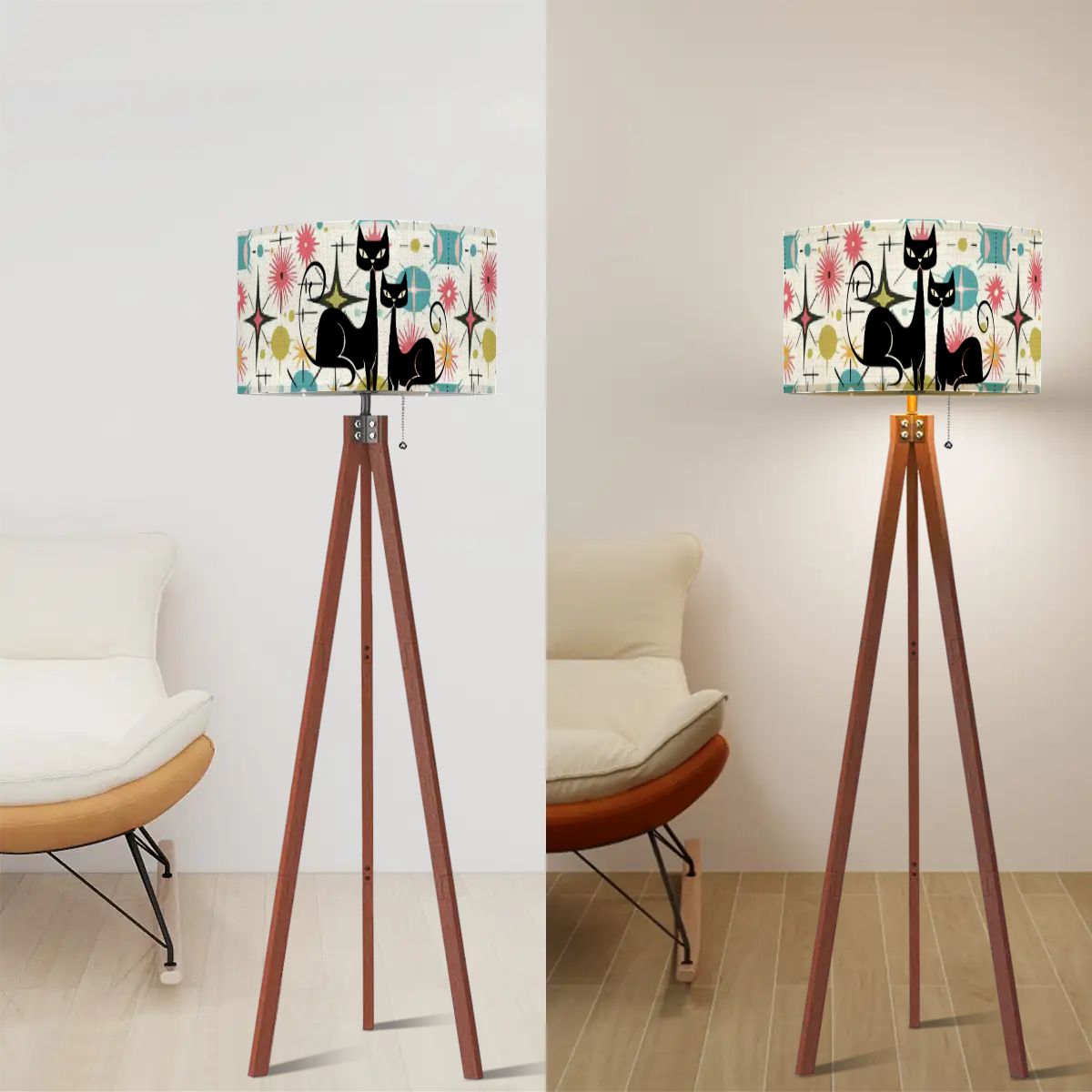 Kitschy Atomic Cat Starburst Mid Century Modern Tripod Floor Lamp